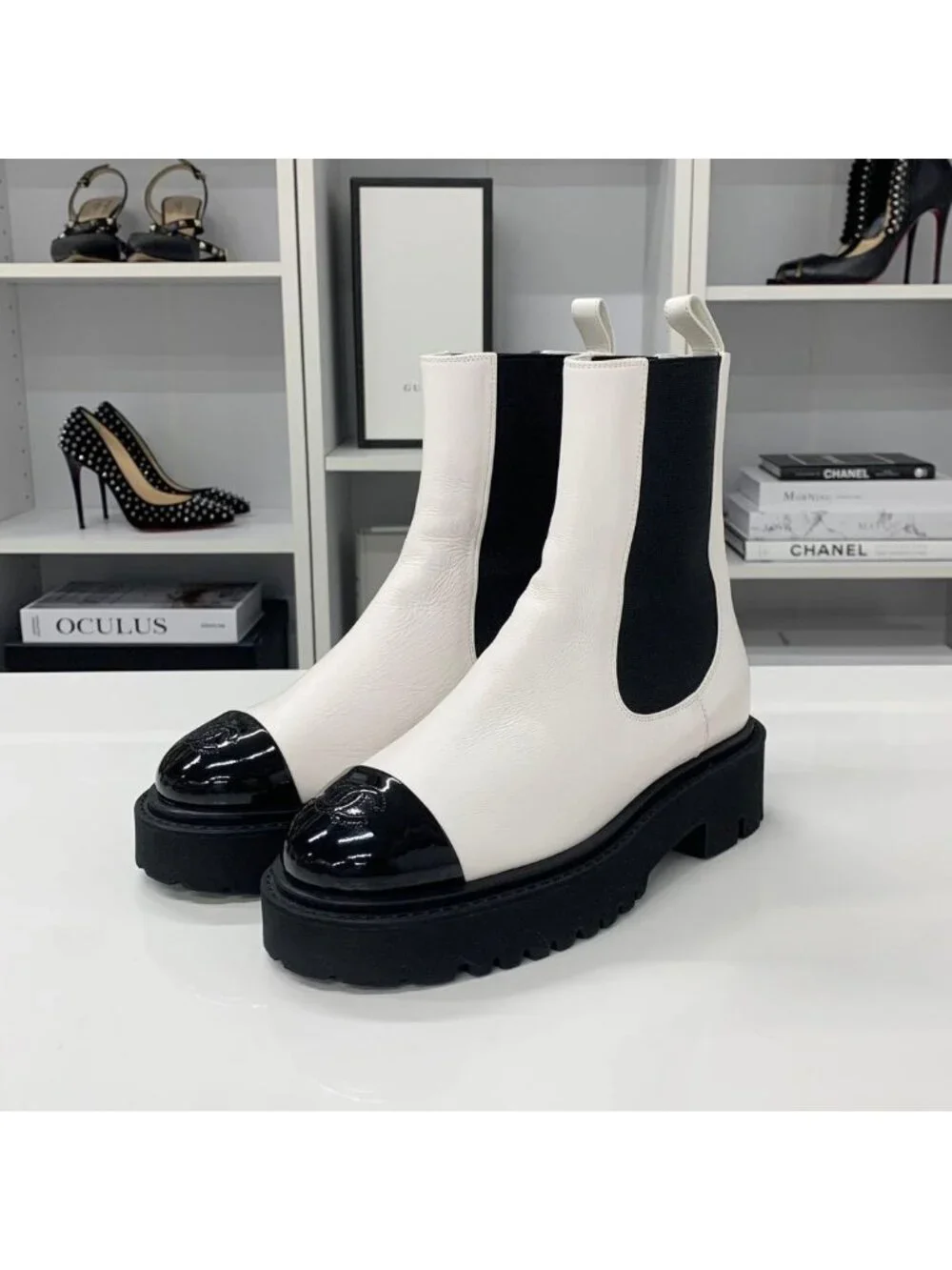 Chanel CC Logo Leather Patent Side Gore Short Boots White